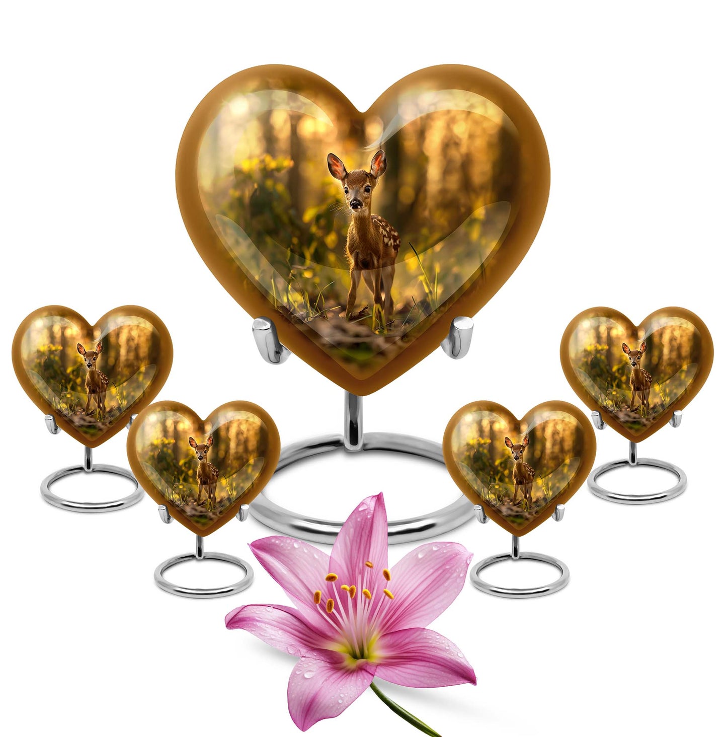 10-inch floral design heart-shaped Deer Urn for human ashes, engrave-able Aluminium