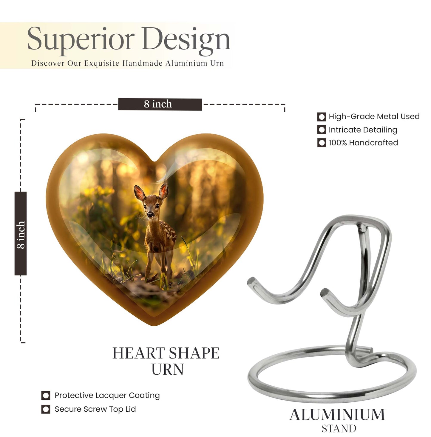 10-inch floral design heart-shaped Deer Urn for human ashes, engrave-able Aluminium