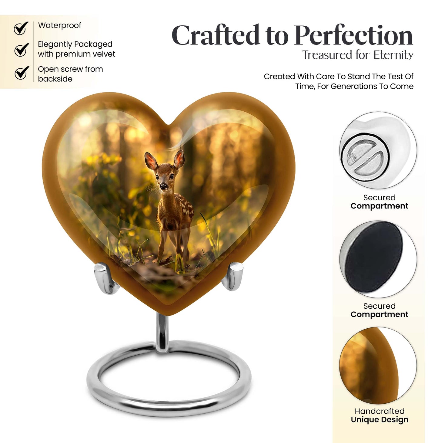10-inch floral design heart-shaped Deer Urn for human ashes, engrave-able Aluminium