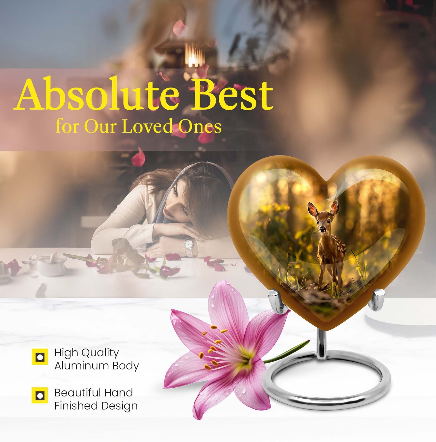 10-inch floral design heart-shaped Deer Urn for human ashes, engrave-able Aluminium