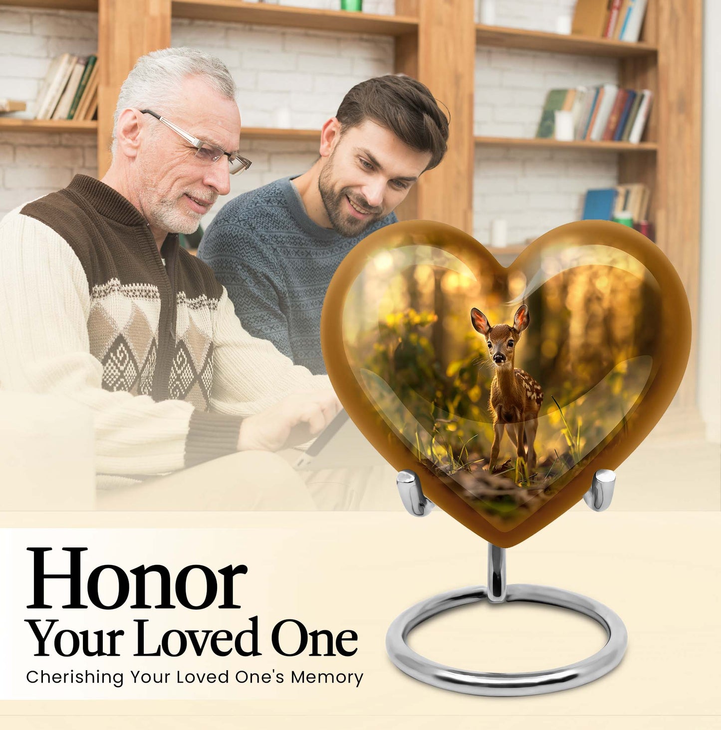 10-inch floral design heart-shaped Deer Urn for human ashes, engrave-able Aluminium