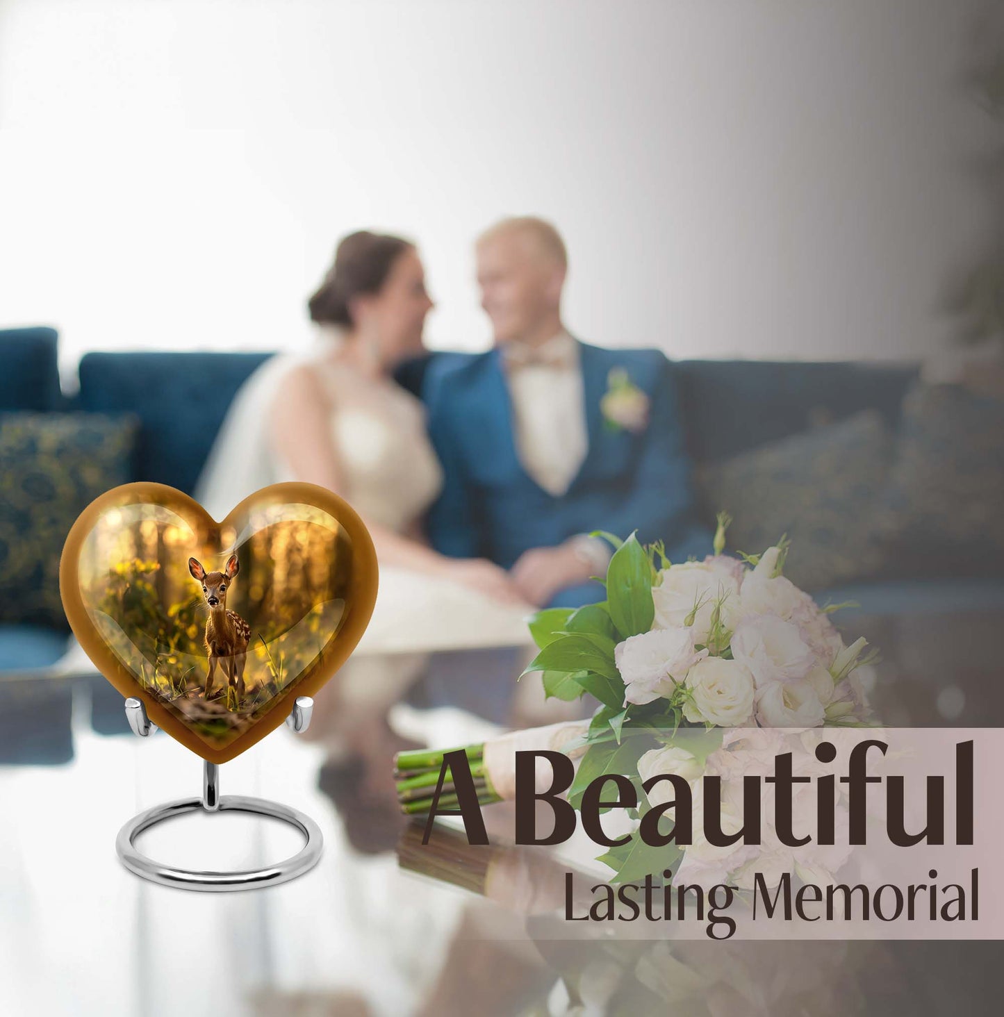 10-inch floral design heart-shaped Deer Urn for human ashes, engrave-able Aluminium