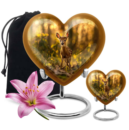 10-inch floral design heart-shaped Deer Urn for human ashes, engrave-able Aluminium