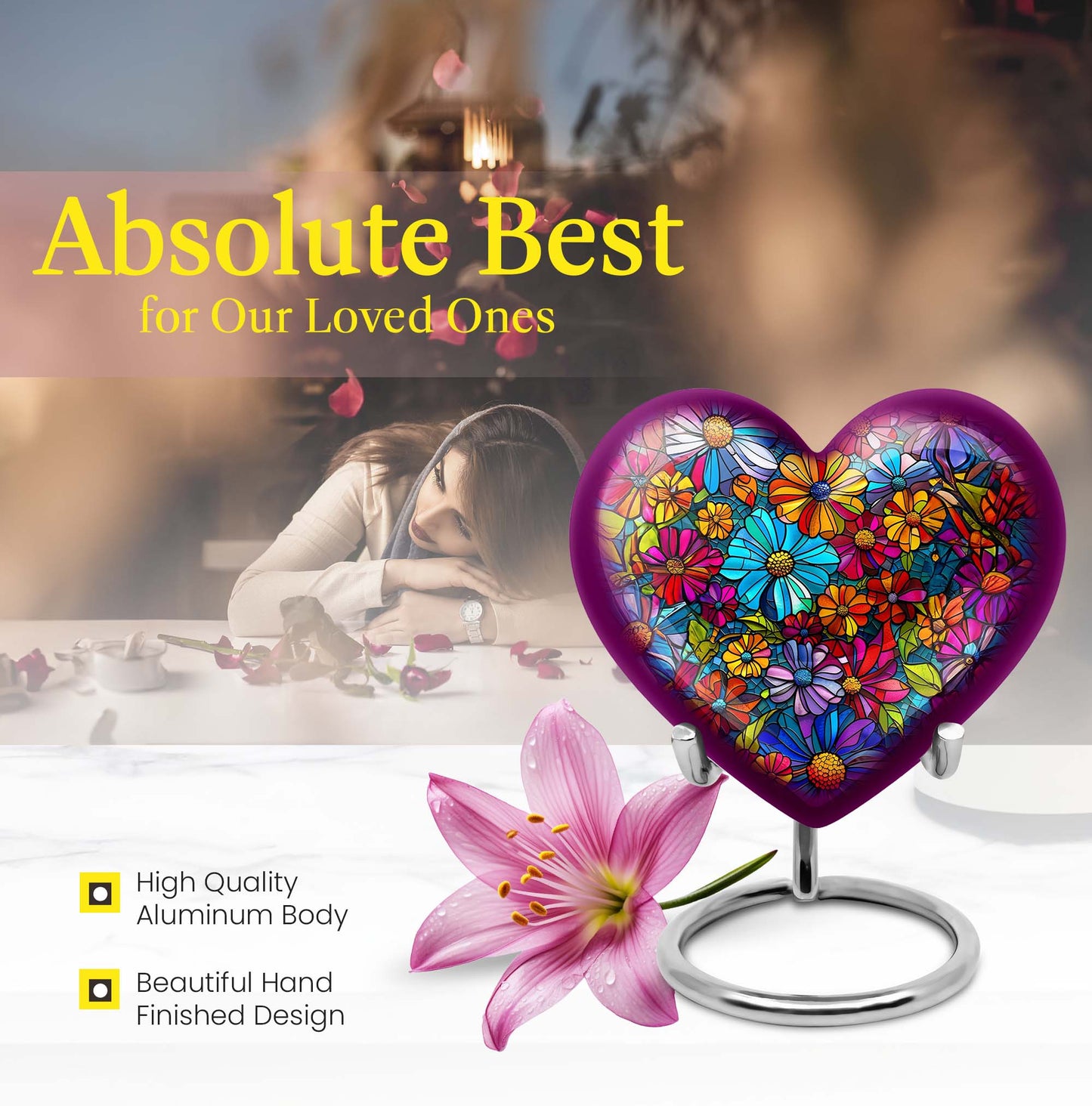 Floral Heart Urn, 10-inch cremation urn