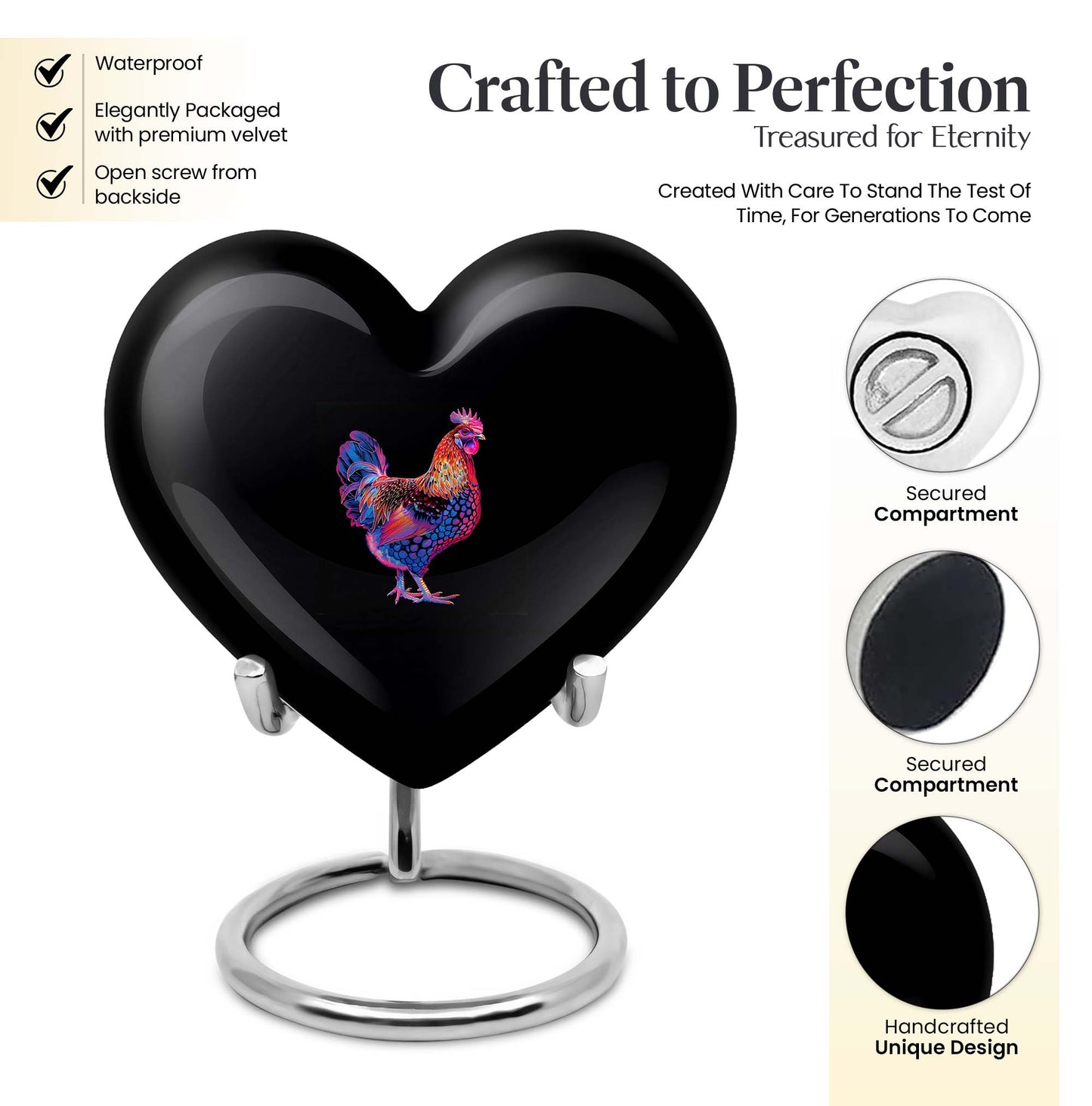 10-inch heart-shaped chicken urn for adult, personalized, aluminium, with flower theme