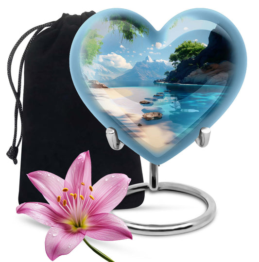 Large 10-inch heart beach urn for cremation ashes with floral design and personal engraving