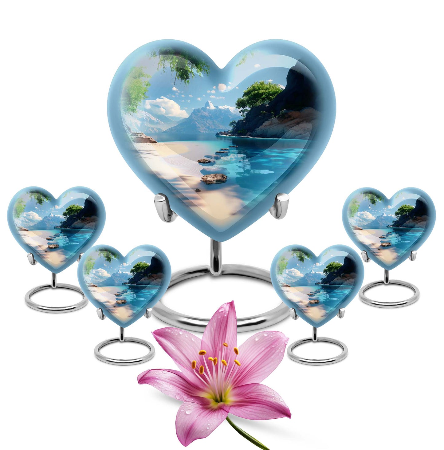 Large 10-inch heart beach urn for cremation ashes with floral design and personal engraving