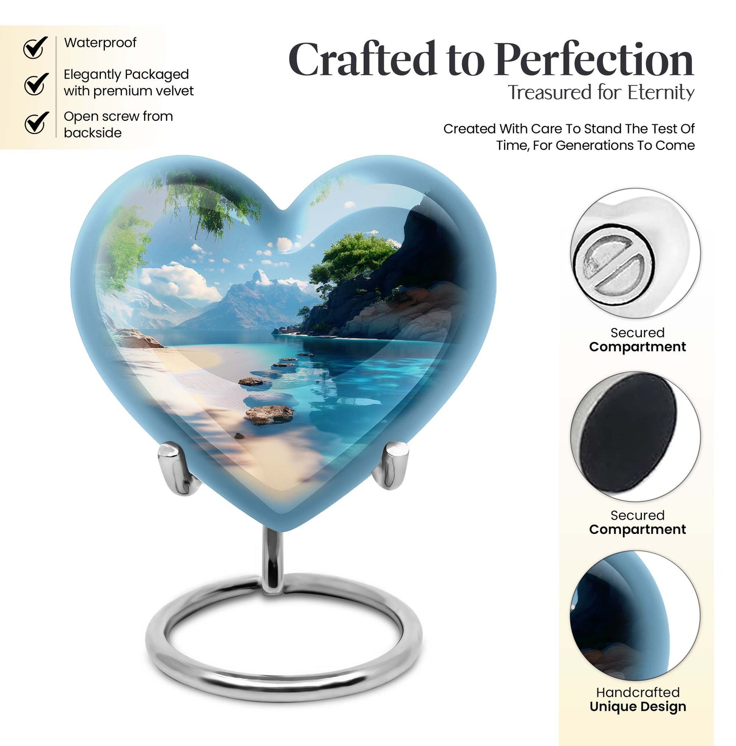 Large 10-inch heart beach urn for cremation ashes with floral design and personal engraving