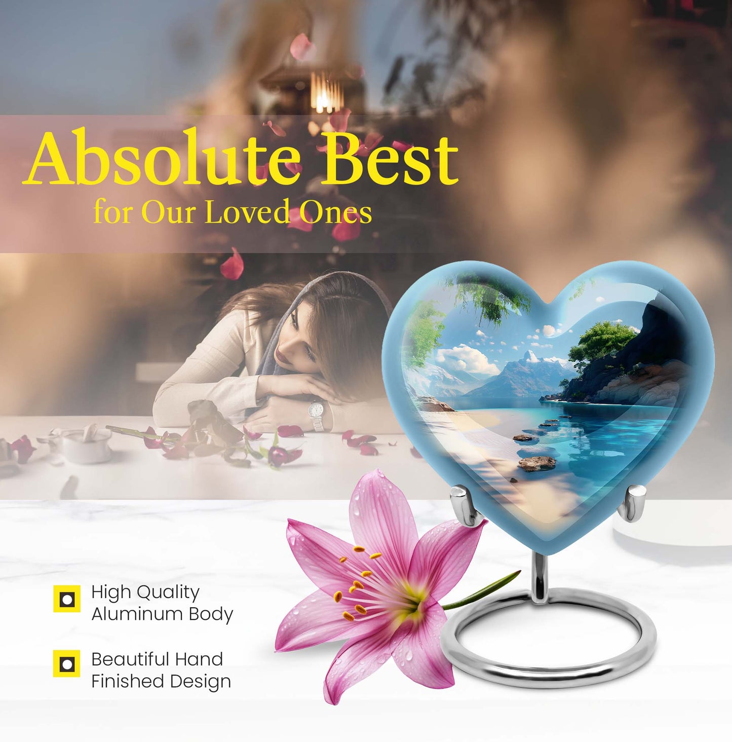 Large 10-inch heart beach urn for cremation ashes with floral design and personal engraving