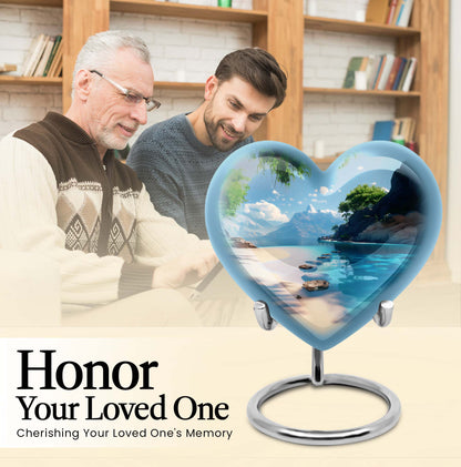 Large 10-inch heart beach urn for cremation ashes with floral design and personal engraving