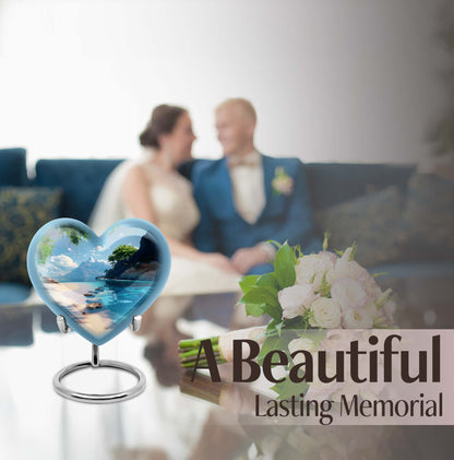 Large 10-inch heart beach urn for cremation ashes with floral design and personal engraving
