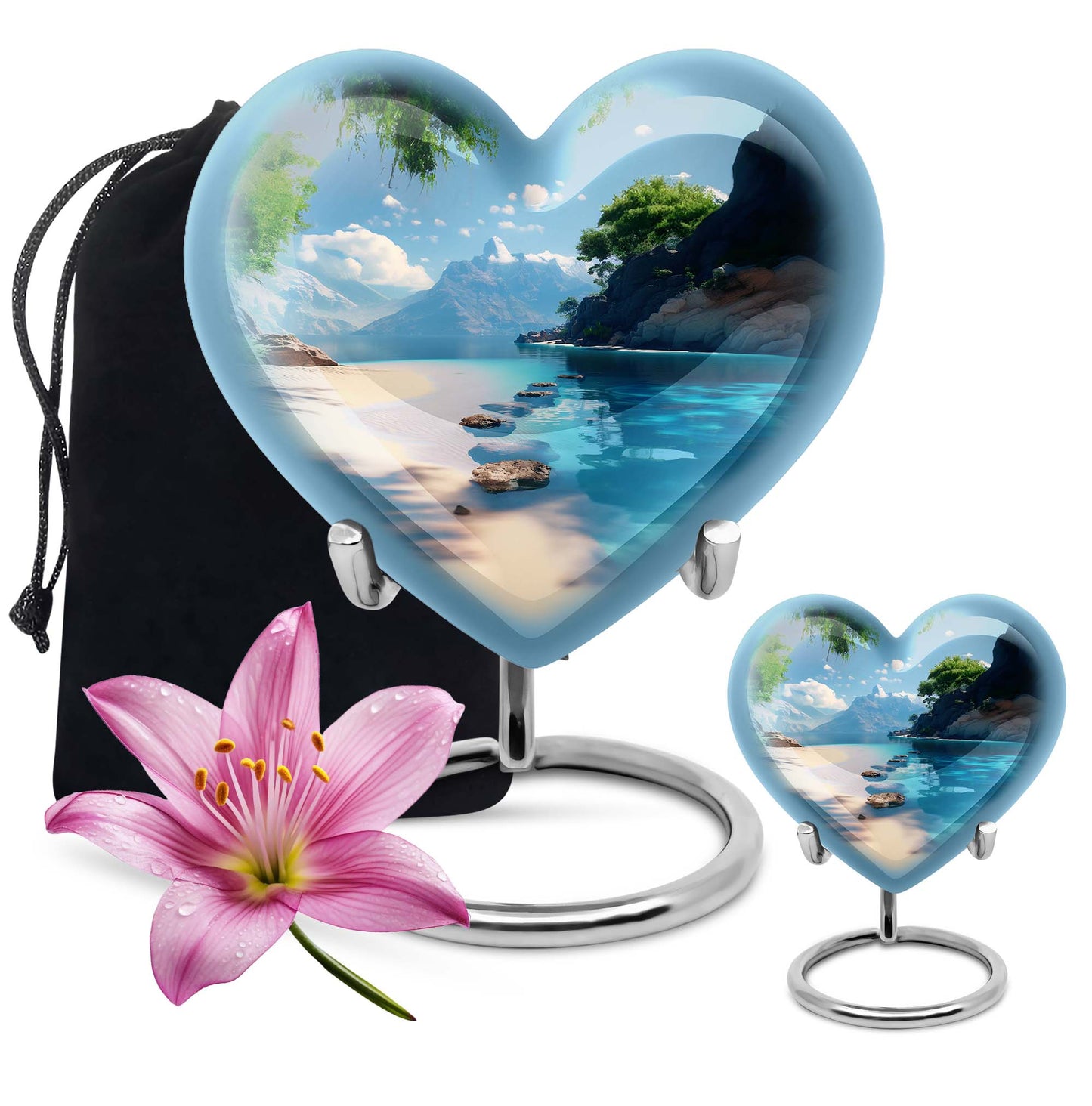 Large 10-inch heart beach urn for cremation ashes with floral design and personal engraving