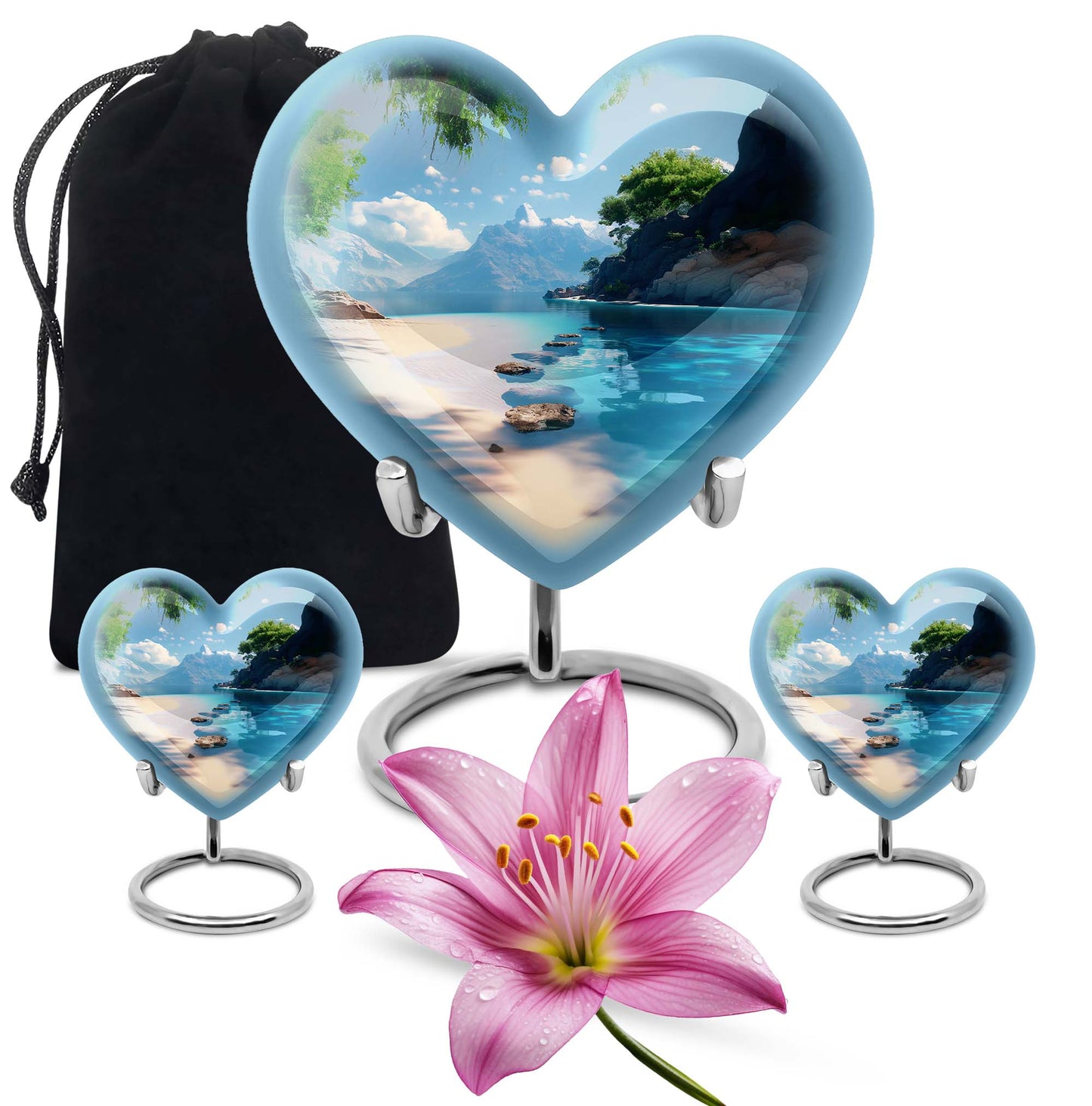 Large 10-inch heart beach urn for cremation ashes with floral design and personal engraving