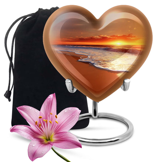  heart-shaped beach urn adorned with flowers, 