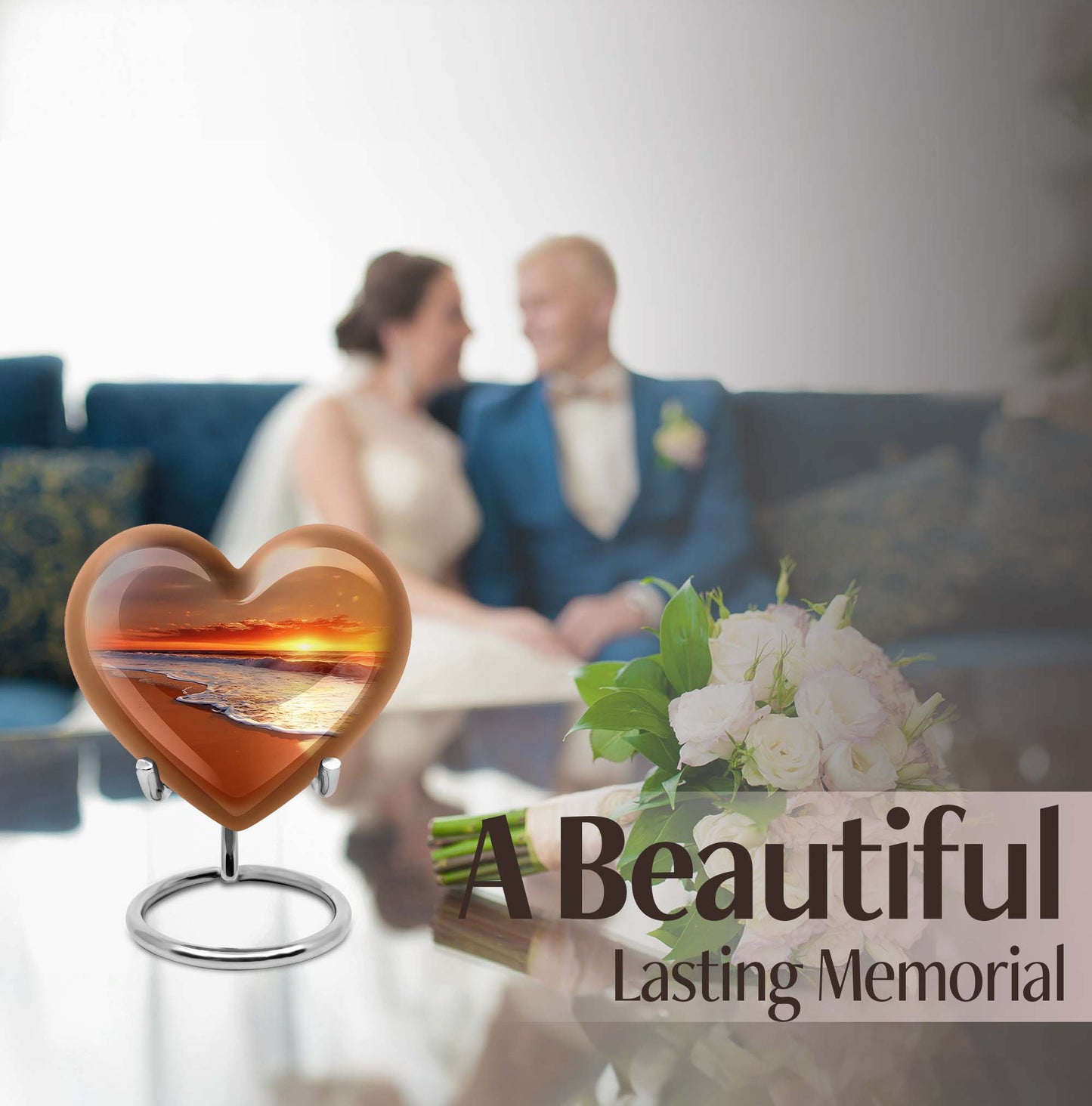  heart-shaped beach urn adorned with flowers, 