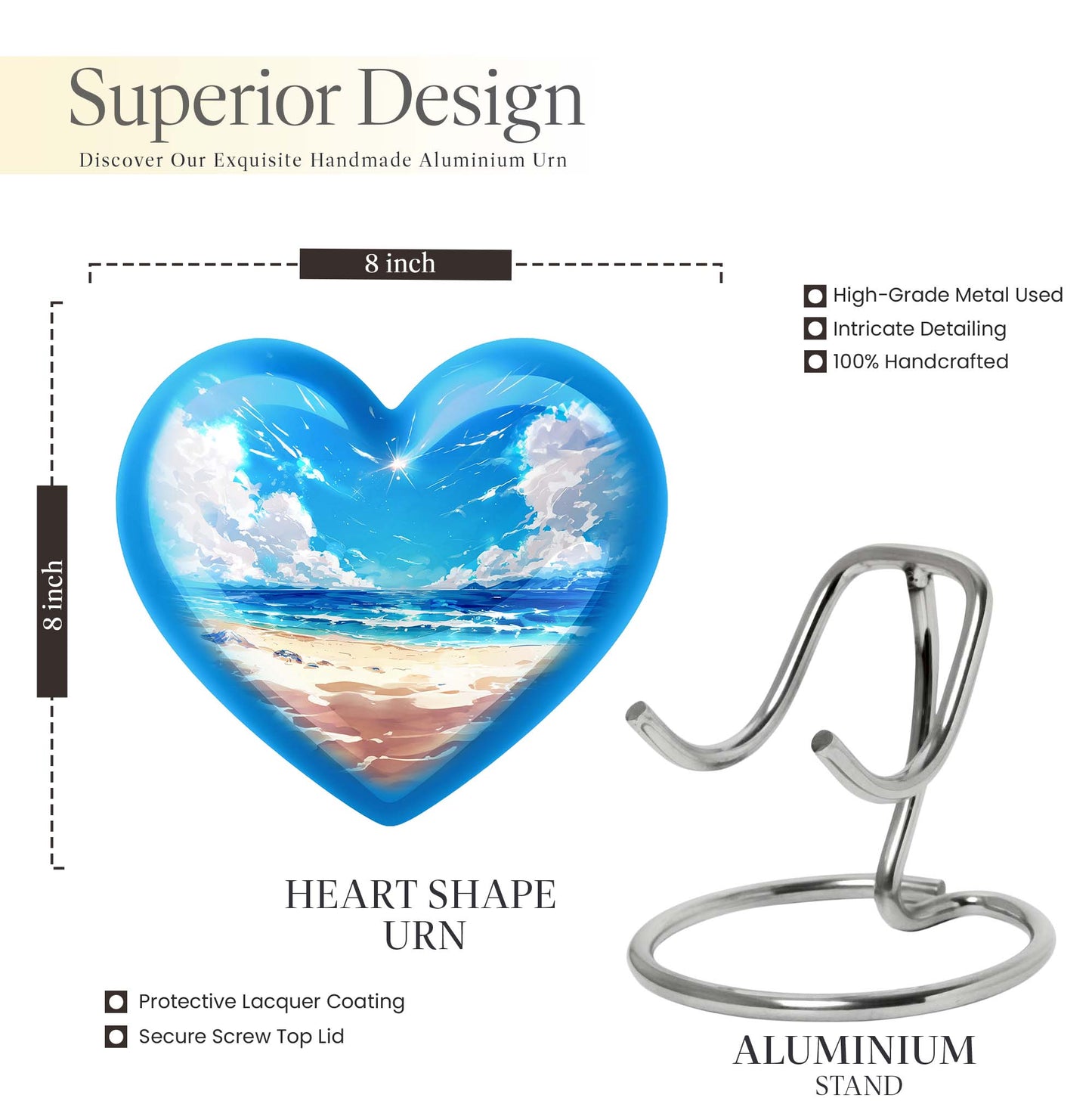10-inch heart-shaped Beach Urn for cremation, crafted