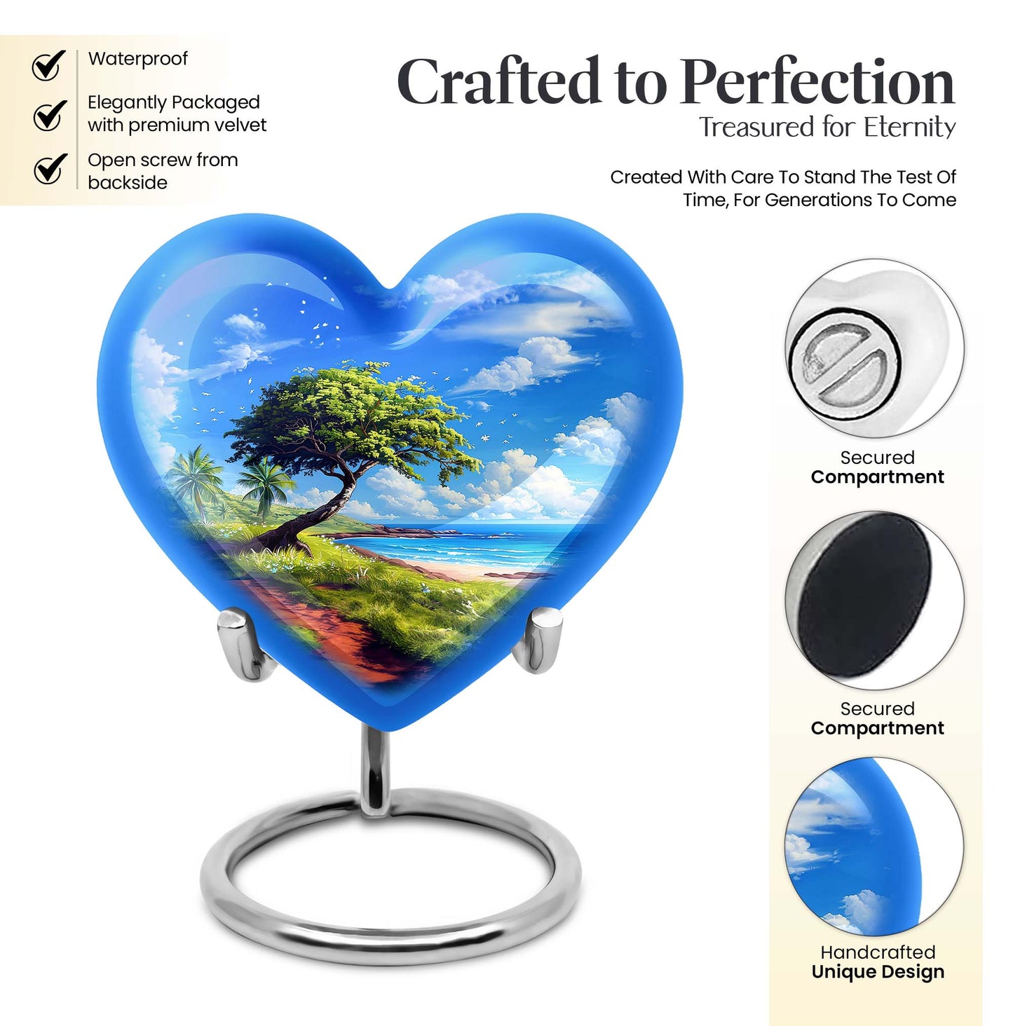 10-inch heart-shaped Beach Urn, funeral urns for adult ashes, crafted from aluminium with floral theme