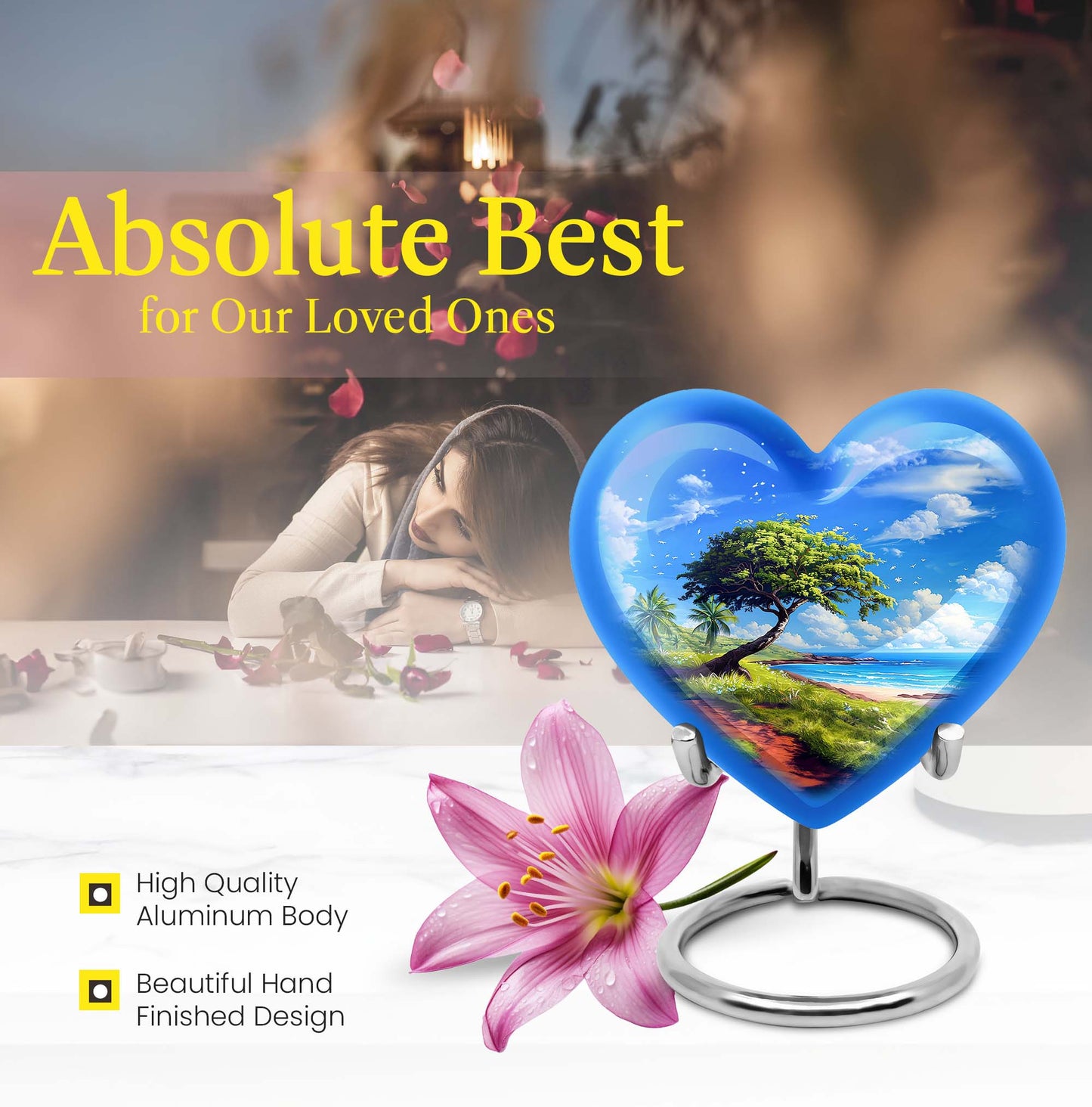 10-inch heart-shaped Beach Urn, funeral urns for adult ashes, crafted from aluminium with floral theme