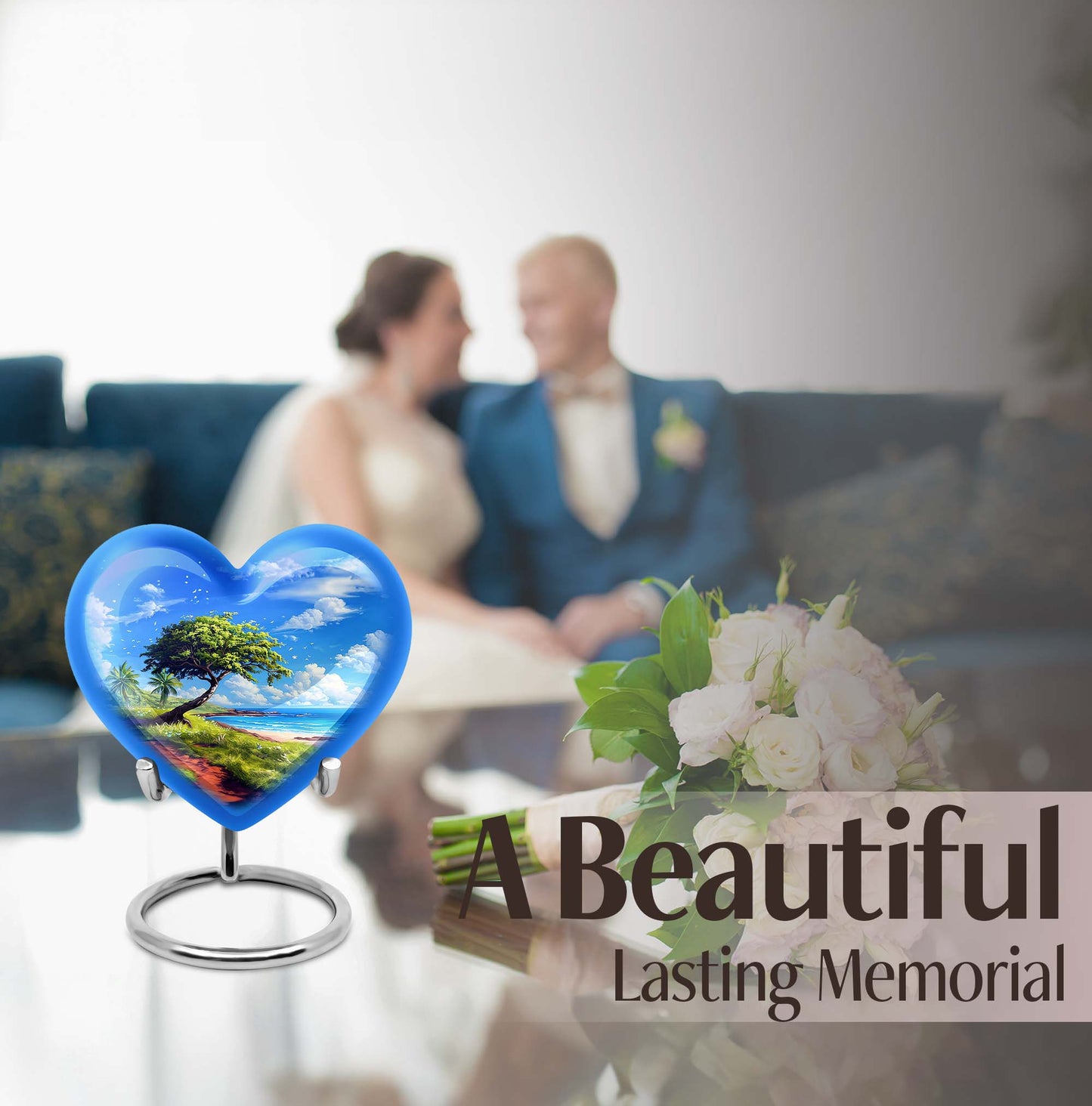 10-inch heart-shaped Beach Urn, funeral urns for adult ashes, crafted from aluminium with floral theme