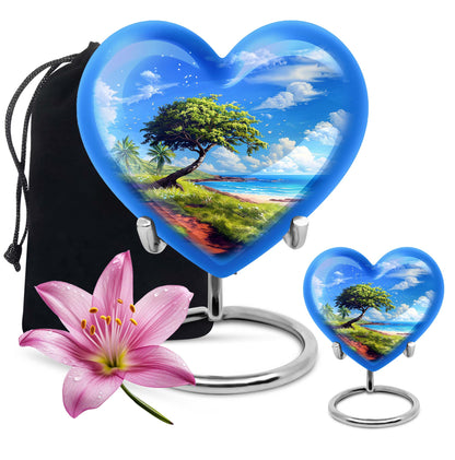 10-inch heart-shaped Beach Urn, funeral urns for adult ashes, crafted from aluminium with floral theme