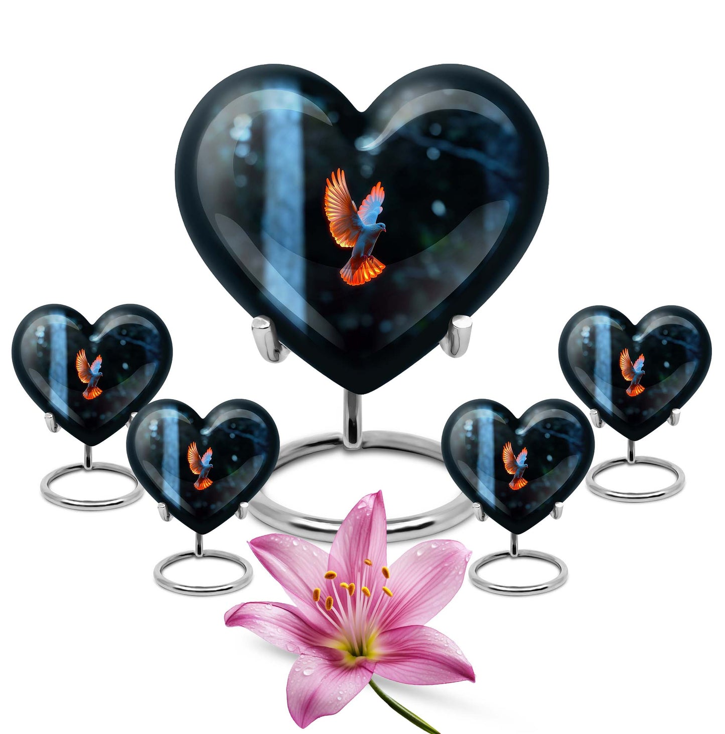 Large 10 Inch heart-shaped Dove Urn, aluminium burial funeral urn for adult ashes with flower design