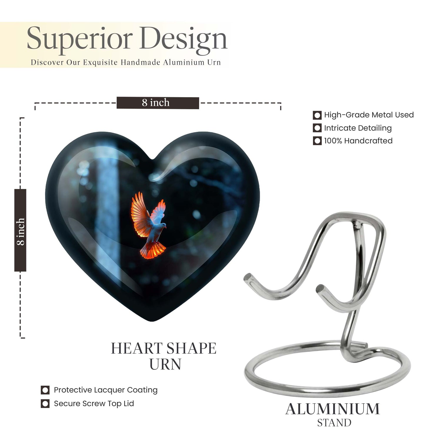 Large 10 Inch heart-shaped Dove Urn, aluminium burial funeral urn for adult ashes with flower design