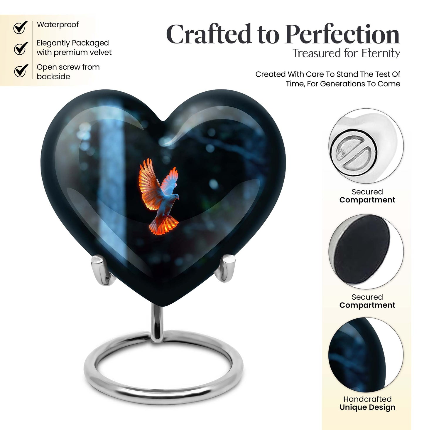 Large 10 Inch heart-shaped Dove Urn, aluminium burial funeral urn for adult ashes with flower design