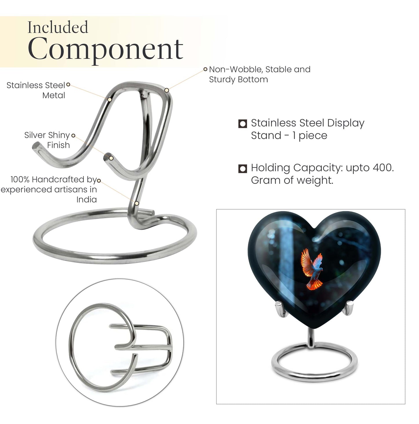Large 10 Inch heart-shaped Dove Urn, aluminium burial funeral urn for adult ashes with flower design