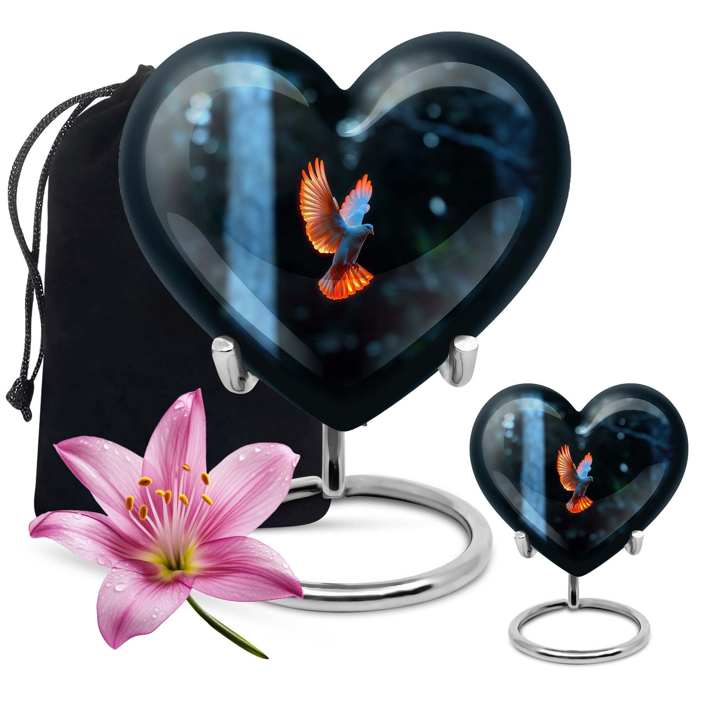 Large 10 Inch heart-shaped Dove Urn, aluminium burial funeral urn for adult ashes with flower design