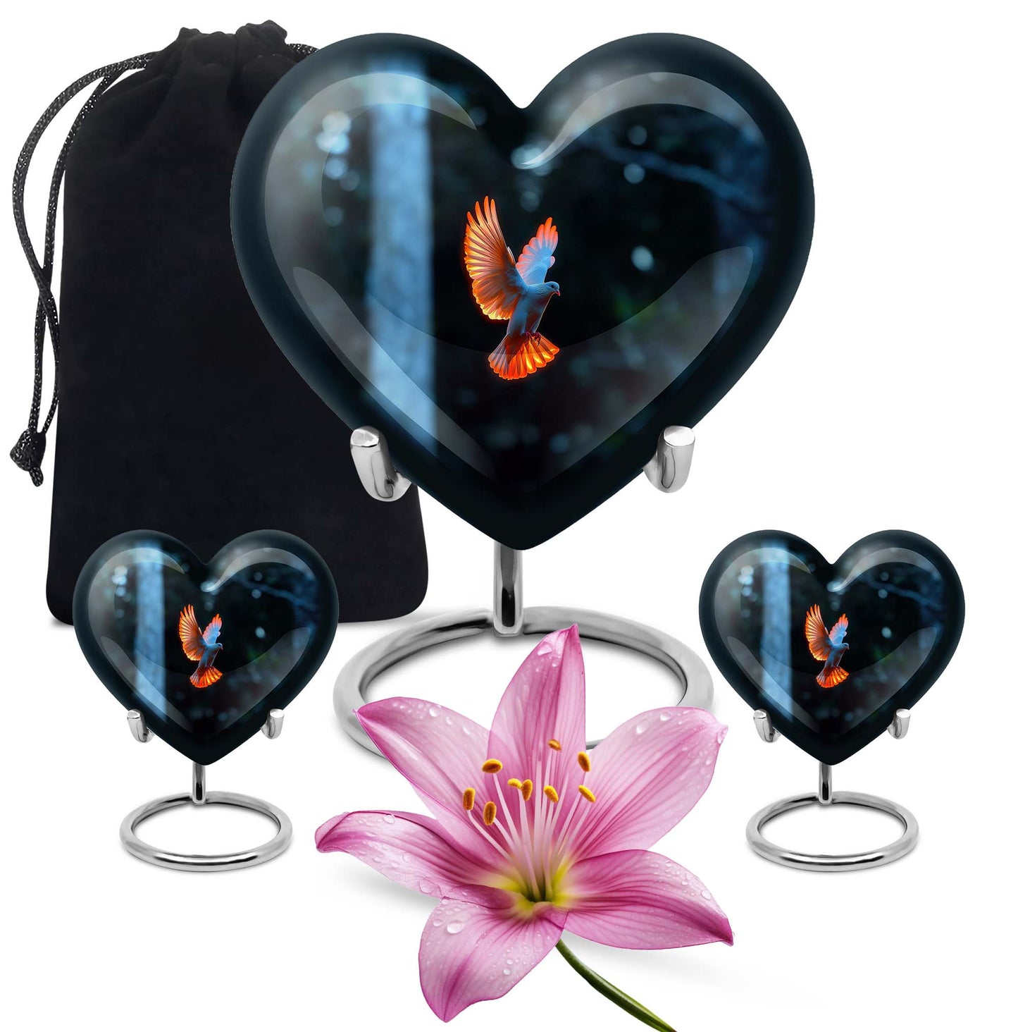 Large 10 Inch heart-shaped Dove Urn, aluminium burial funeral urn for adult ashes with flower design