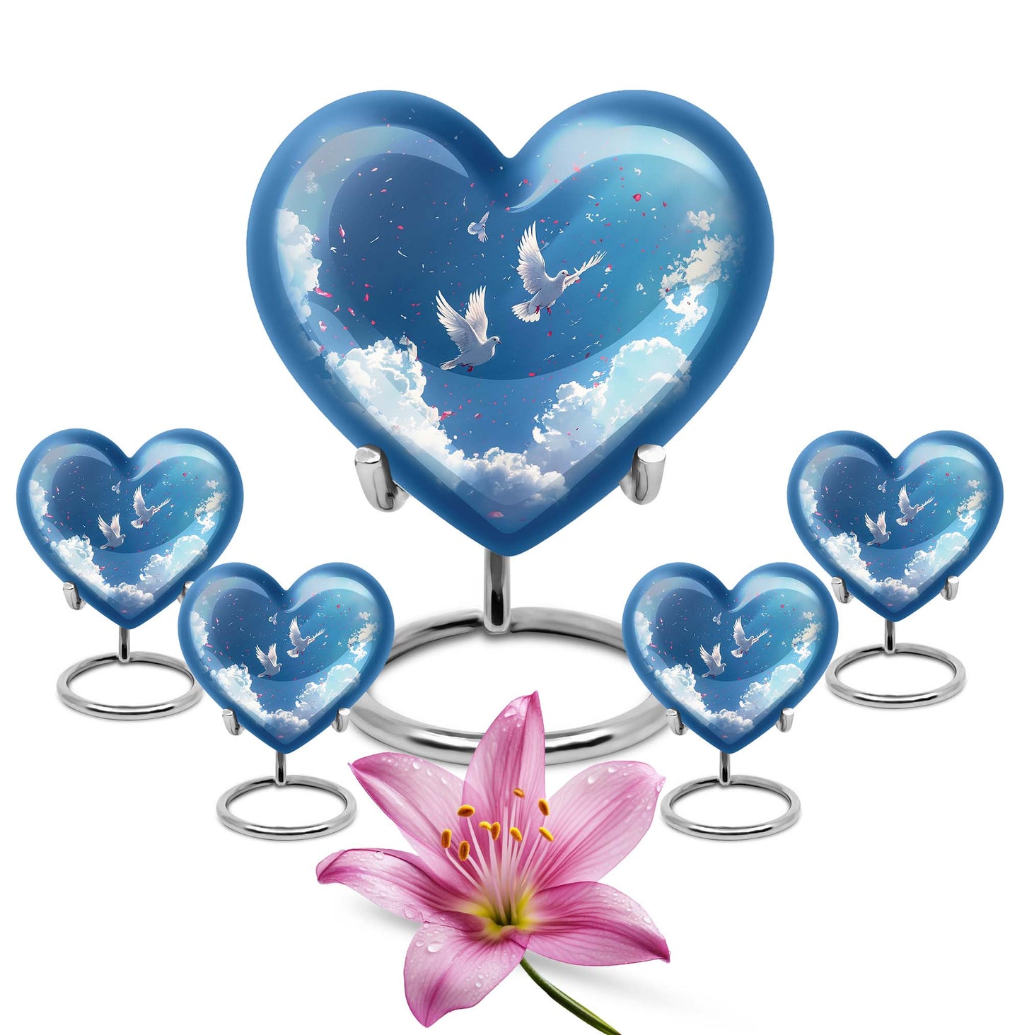 Heart-shaped, floral themed dove urn made of aluminium for funeral ashes