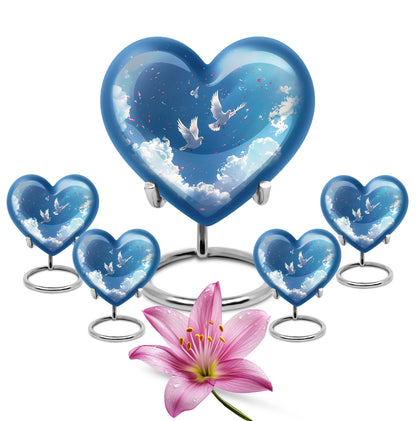 Heart-shaped, floral themed dove urn made of aluminium for funeral ashes