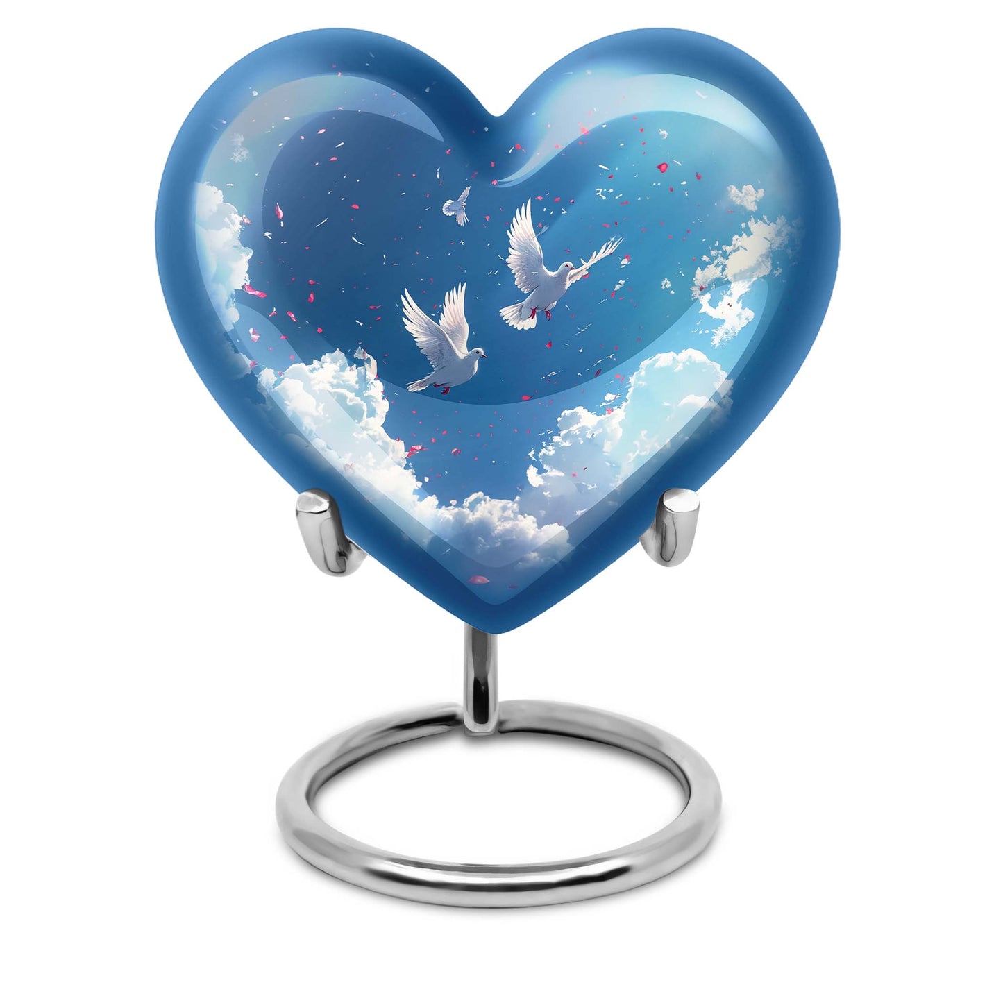 Heart-shaped, floral themed dove urn made of aluminium for funeral ashes