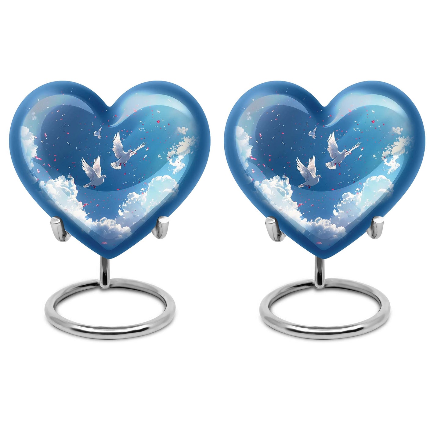 Heart-shaped, floral themed dove urn made of aluminium for funeral ashes