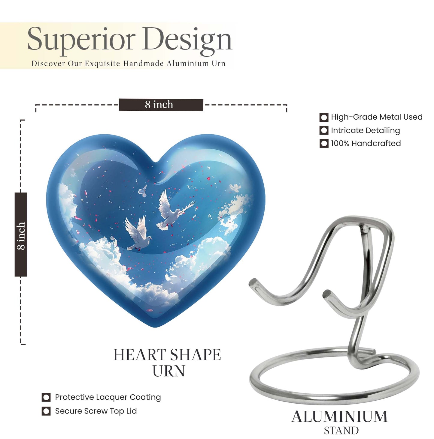 Heart-shaped, floral themed dove urn made of aluminium for funeral ashes