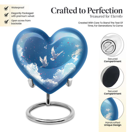 Heart-shaped, floral themed dove urn made of aluminium for funeral ashes