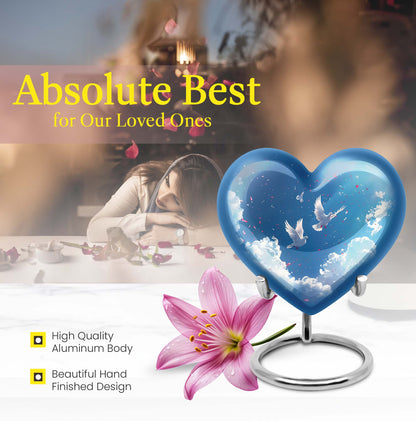 Heart-shaped, floral themed dove urn made of aluminium for funeral ashes