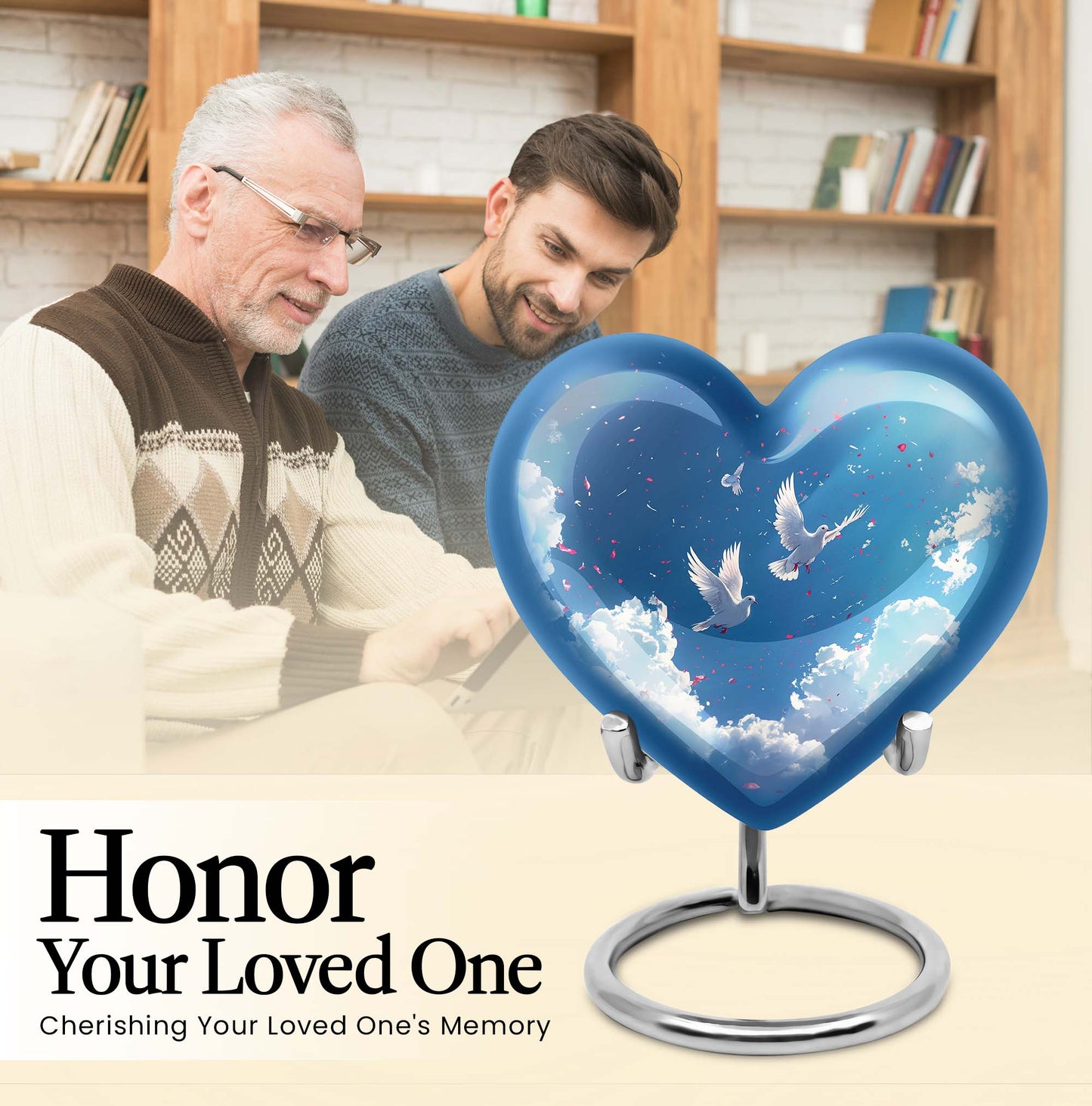 Heart-shaped, floral themed dove urn made of aluminium for funeral ashes