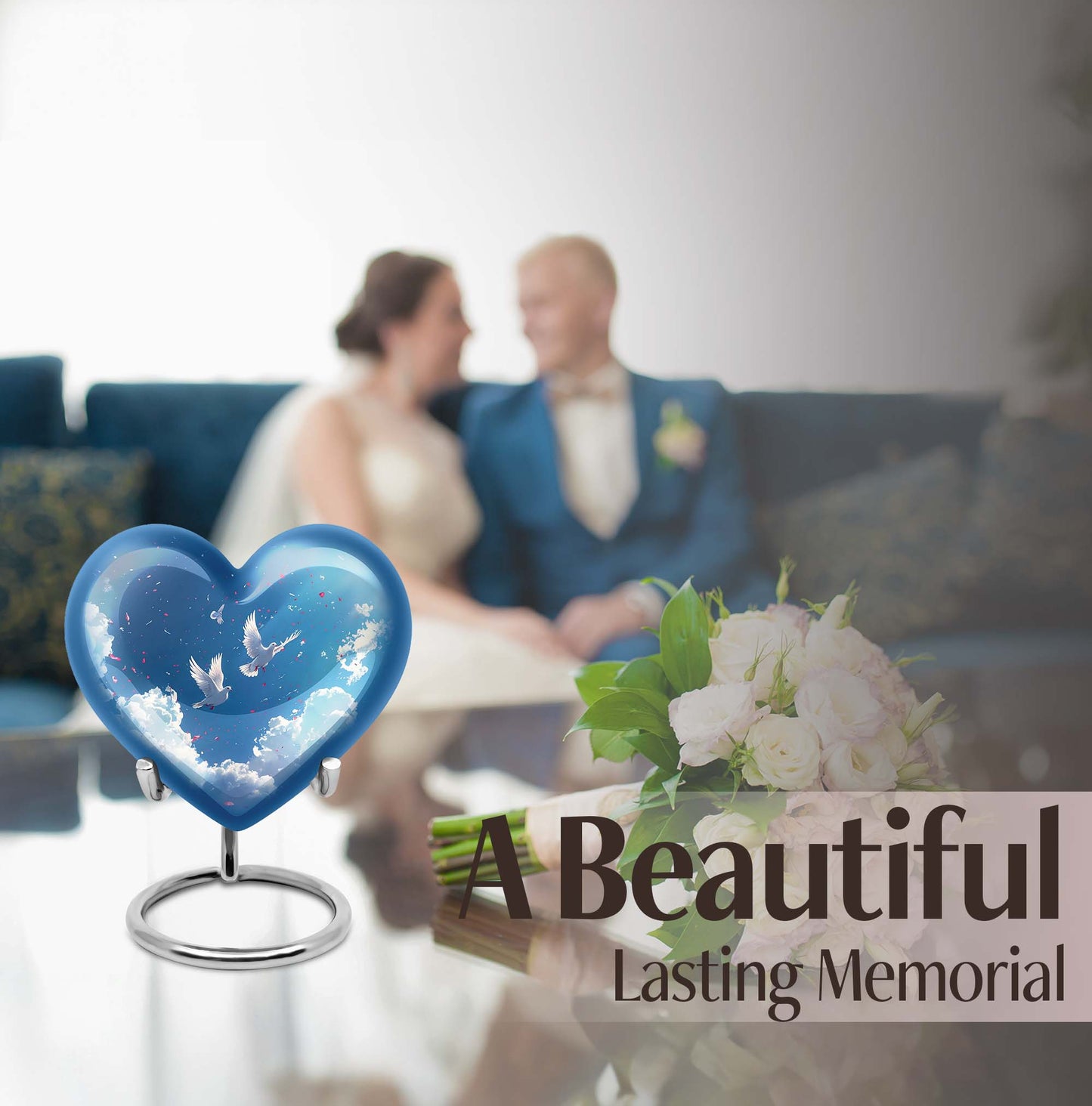 Heart-shaped, floral themed dove urn made of aluminium for funeral ashes