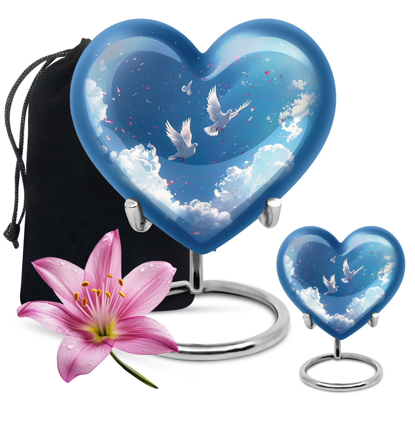 Heart-shaped, floral themed dove urn made of aluminium for funeral ashes