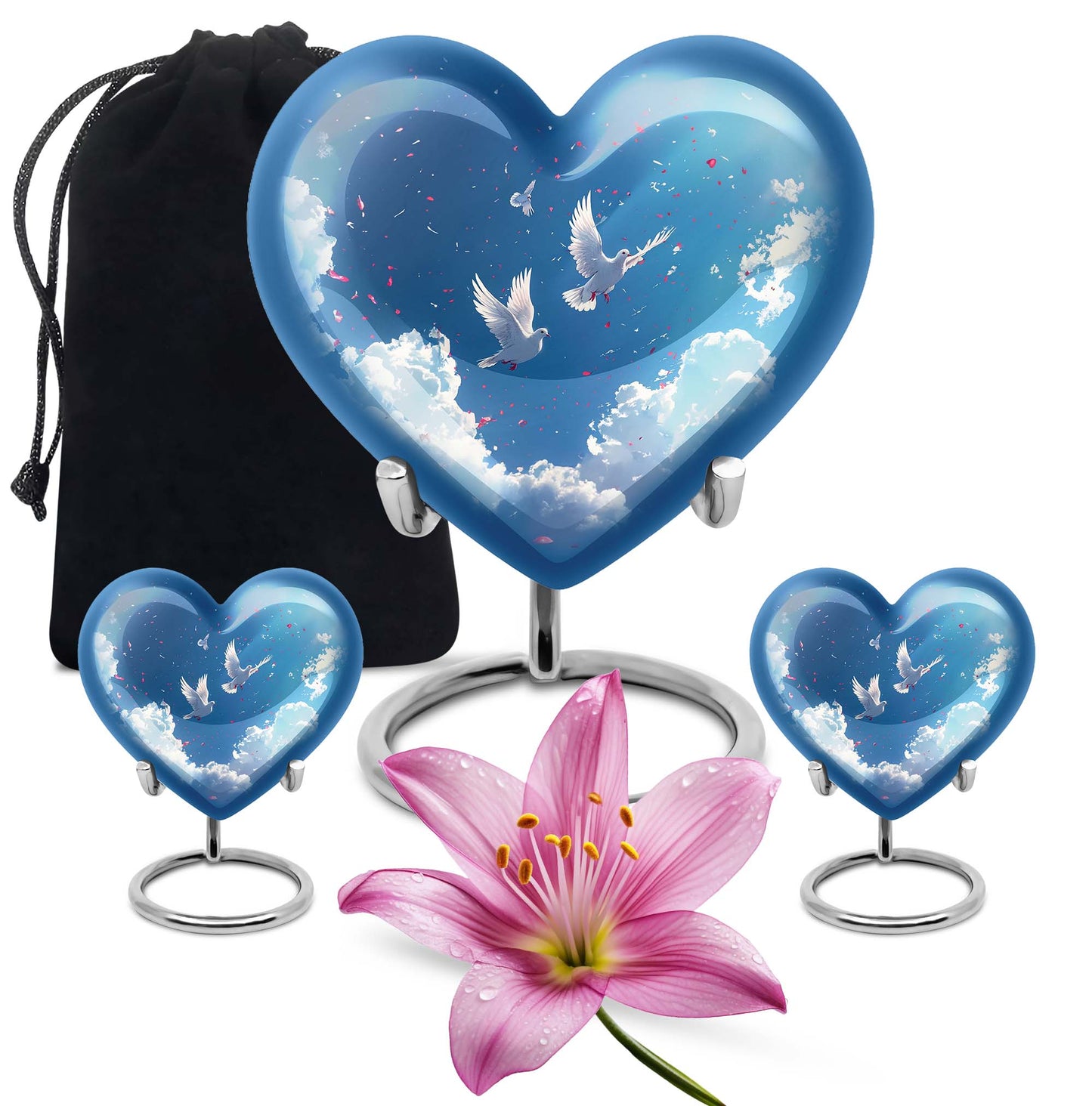 Heart-shaped, floral themed dove urn made of aluminium for funeral ashes