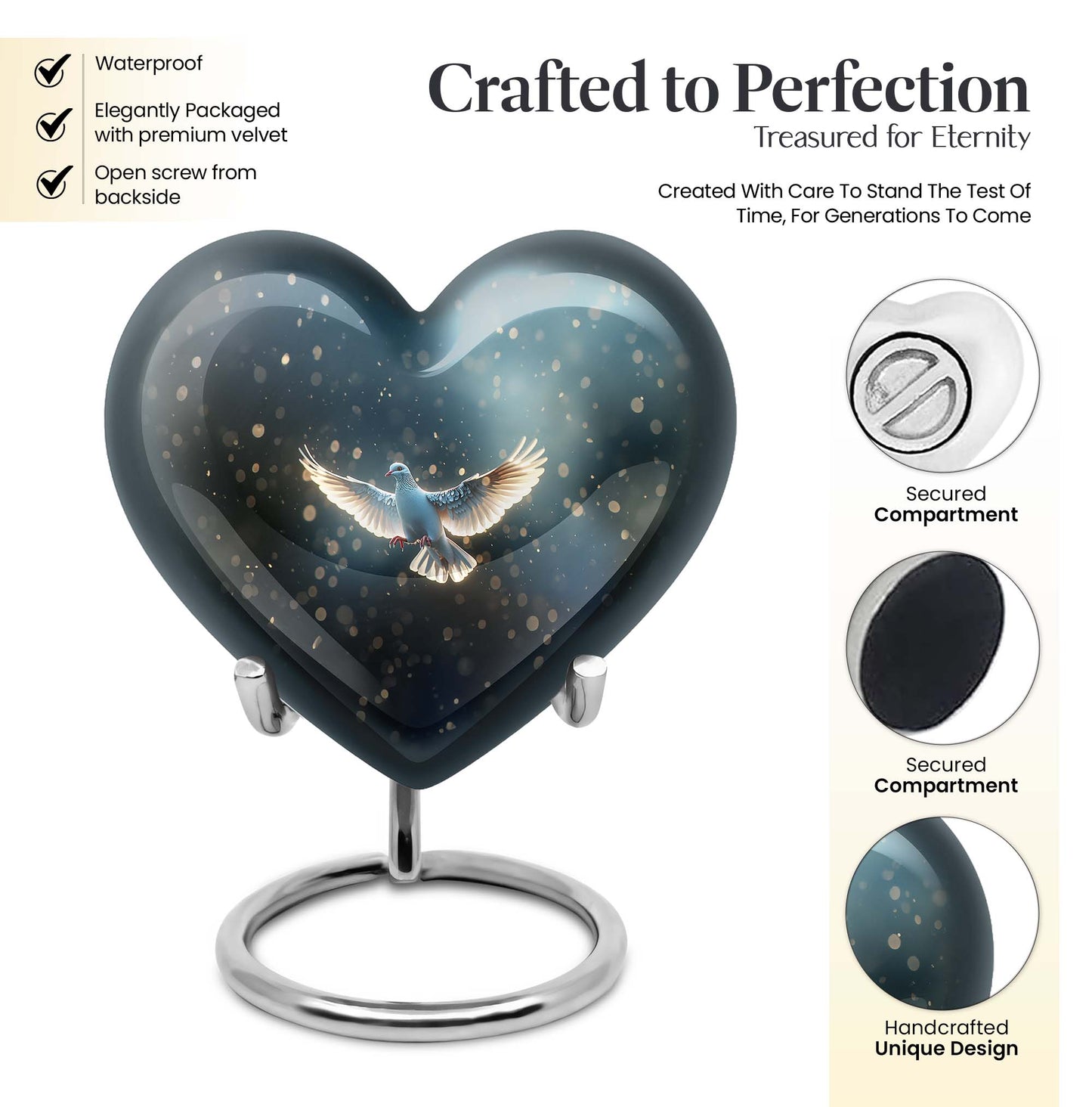 Heart-shaped dove urn for burial, crafted