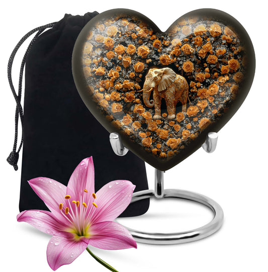 10-inch heart-shaped elephant urn with floral design for adult ashes