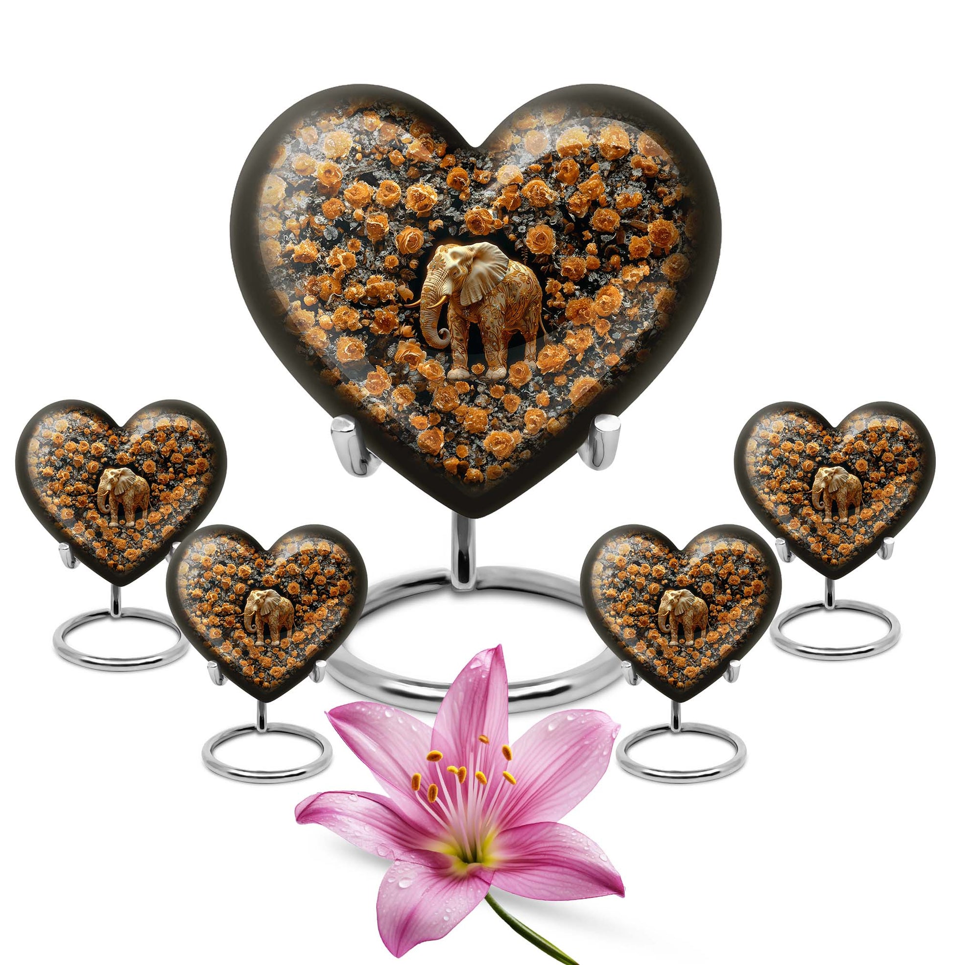 10-inch heart-shaped elephant urn with floral design for adult ashes