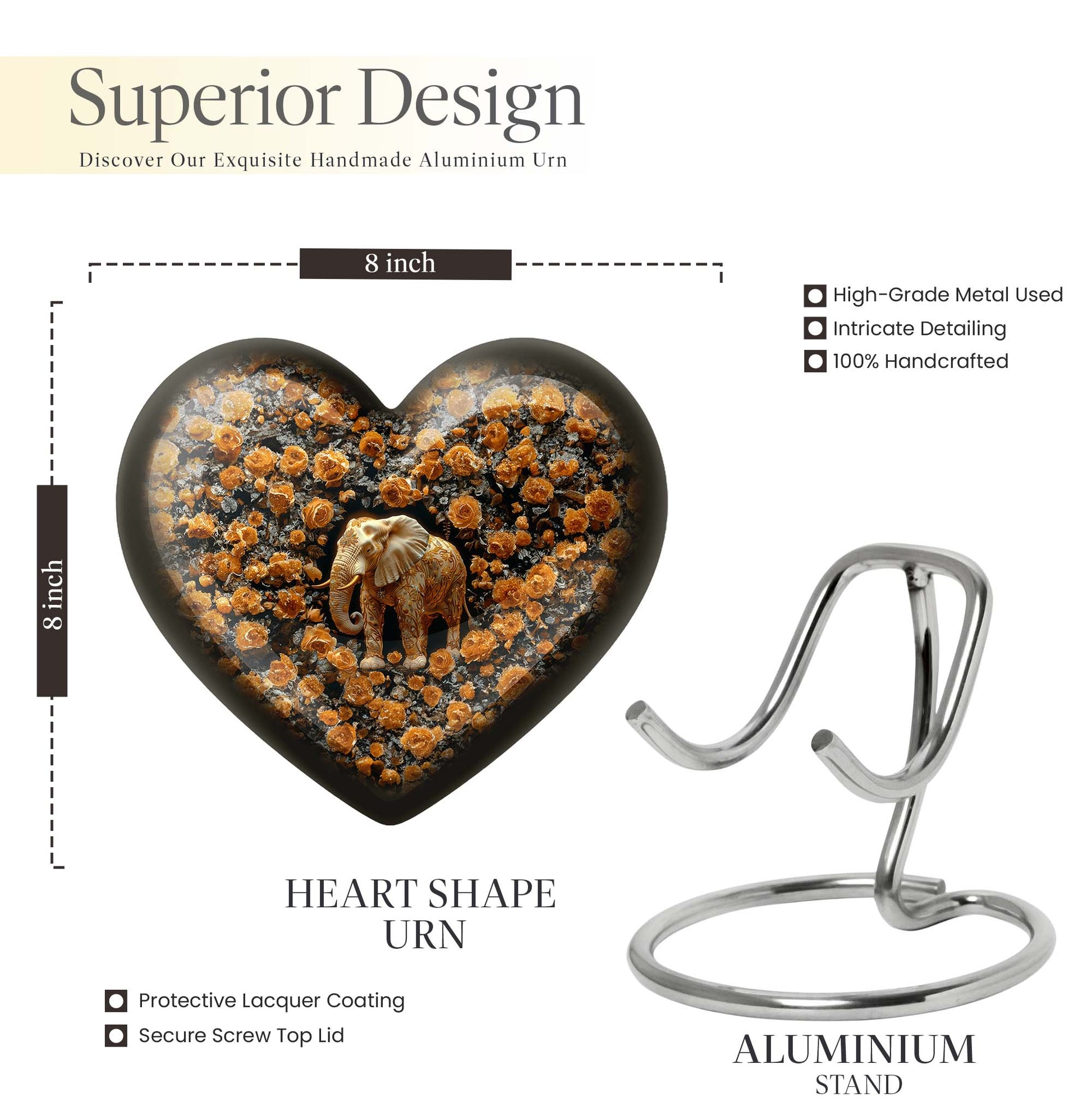 10-inch heart-shaped elephant urn with floral design for adult ashes