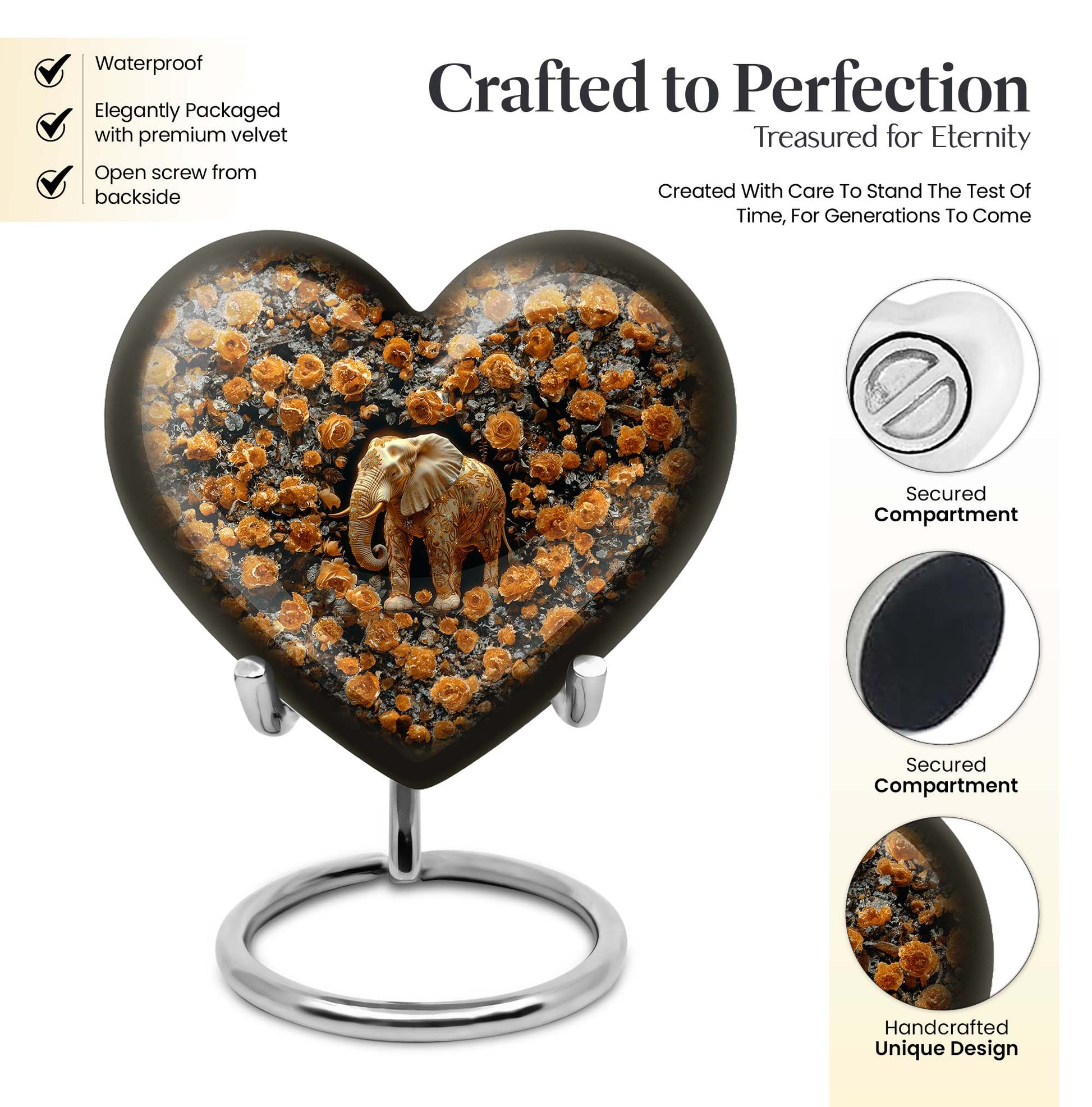 10-inch heart-shaped elephant urn with floral design for adult ashes