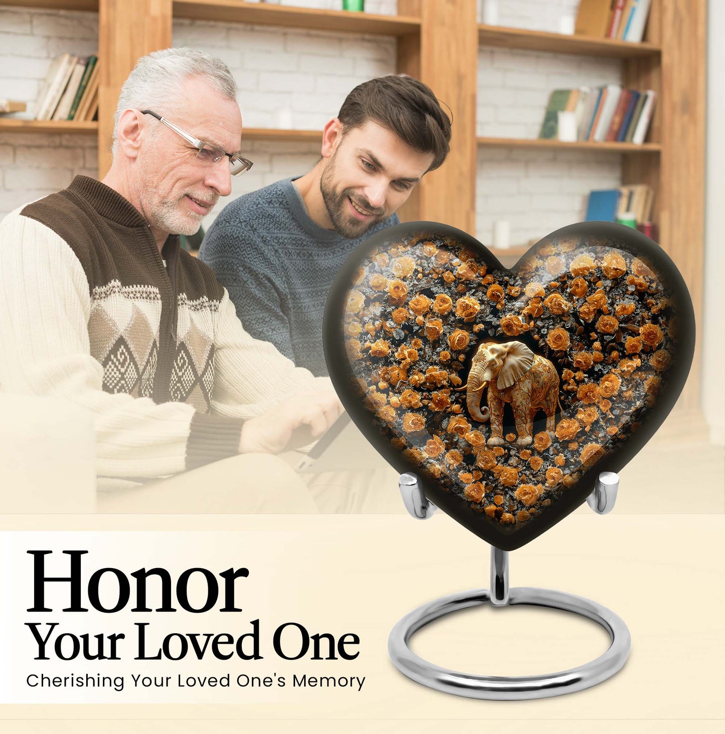 10-inch heart-shaped elephant urn with floral design for adult ashes