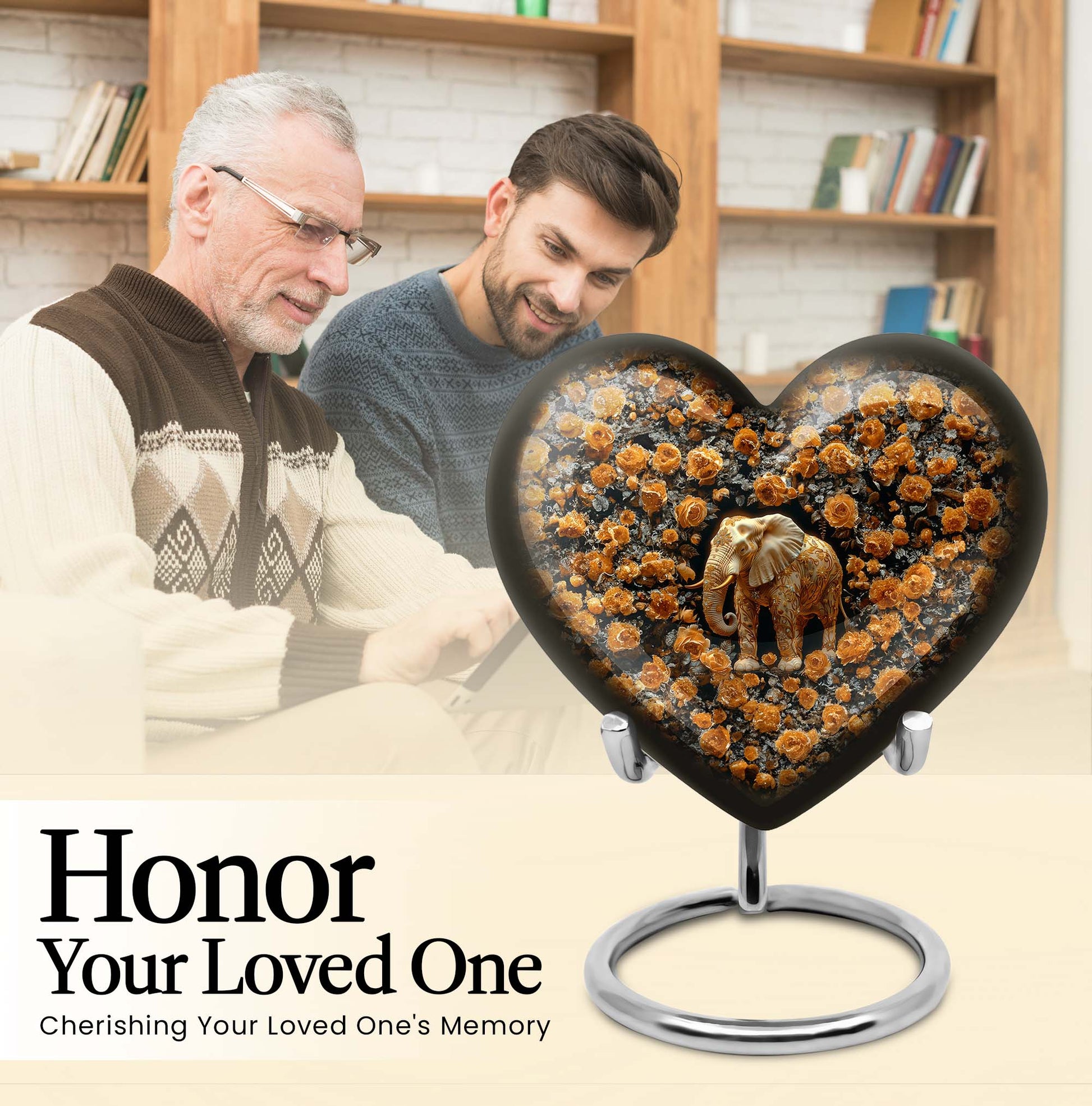 10-inch heart-shaped elephant urn with floral design for adult ashes