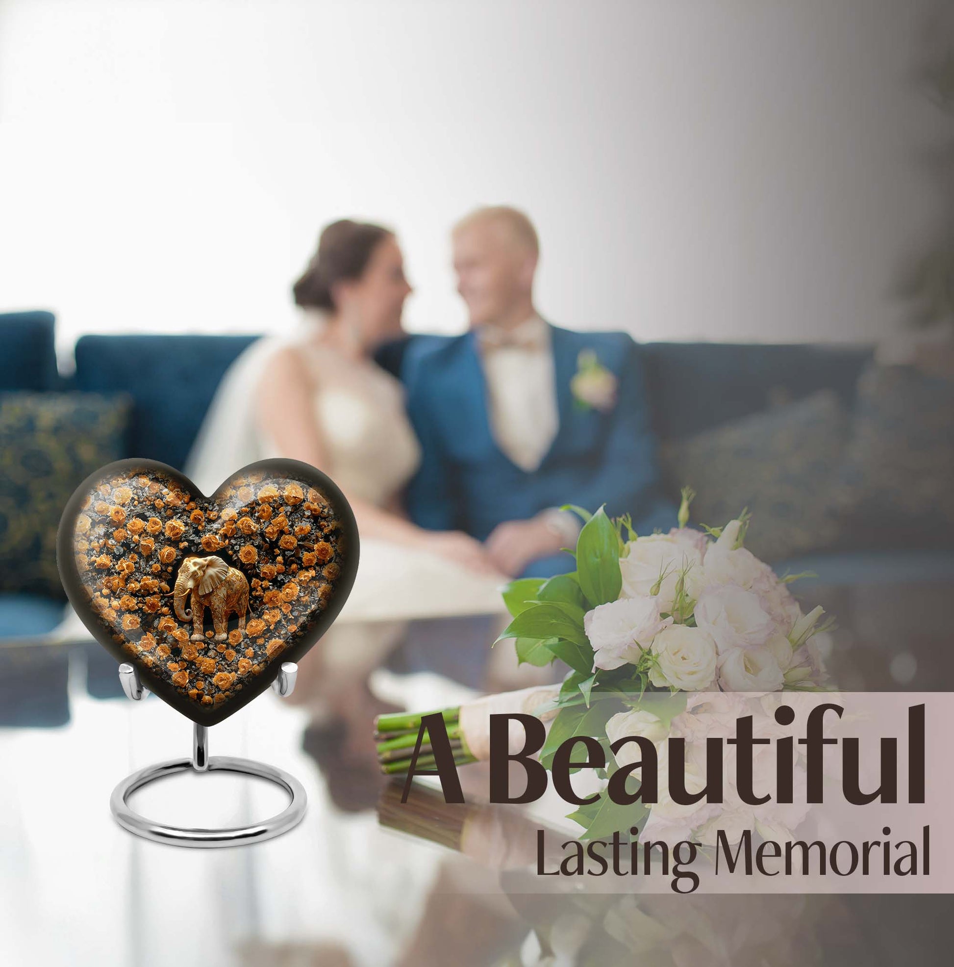 10-inch heart-shaped elephant urn with floral design for adult ashes