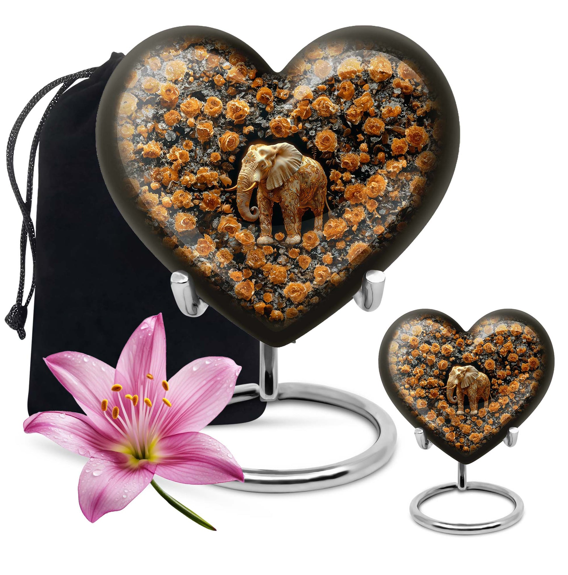 10-inch heart-shaped elephant urn with floral design for adult ashes
